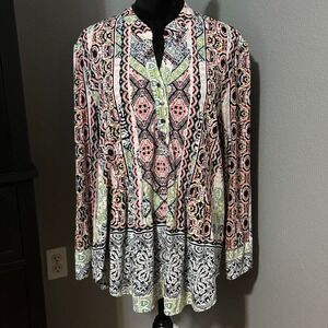 New Directions Boho Tunic Blouse Womens XL Long Sleeve Tribal Print Top
